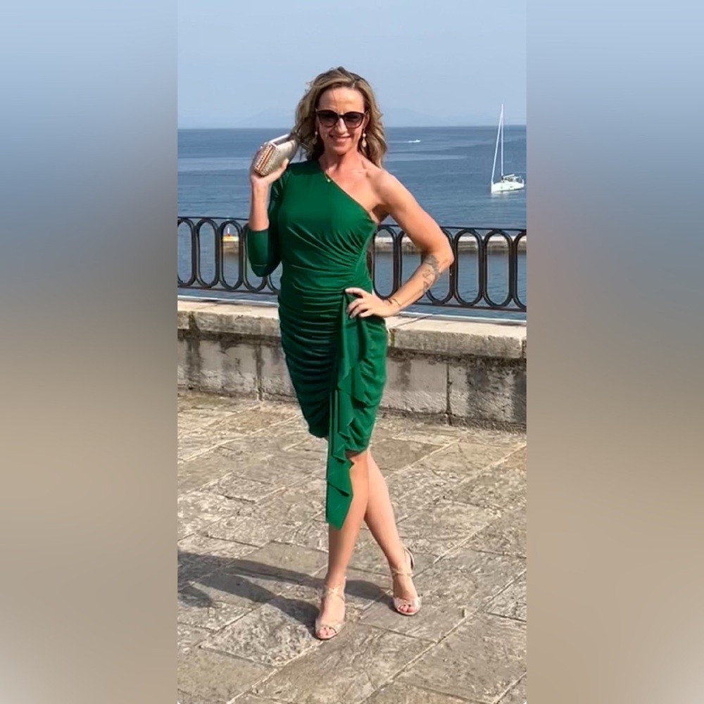 H by Halston One-Shoulder Green Dress